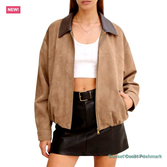Faux Suede Leather Jacket Oversized Motorcycle Zip Up Bomber